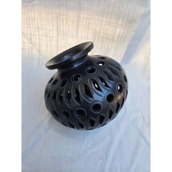 Oaxaca Black Pottery Olla Style Decorative Vase Mexico Barro Negro Handmade Pot - Picture 4 of 11